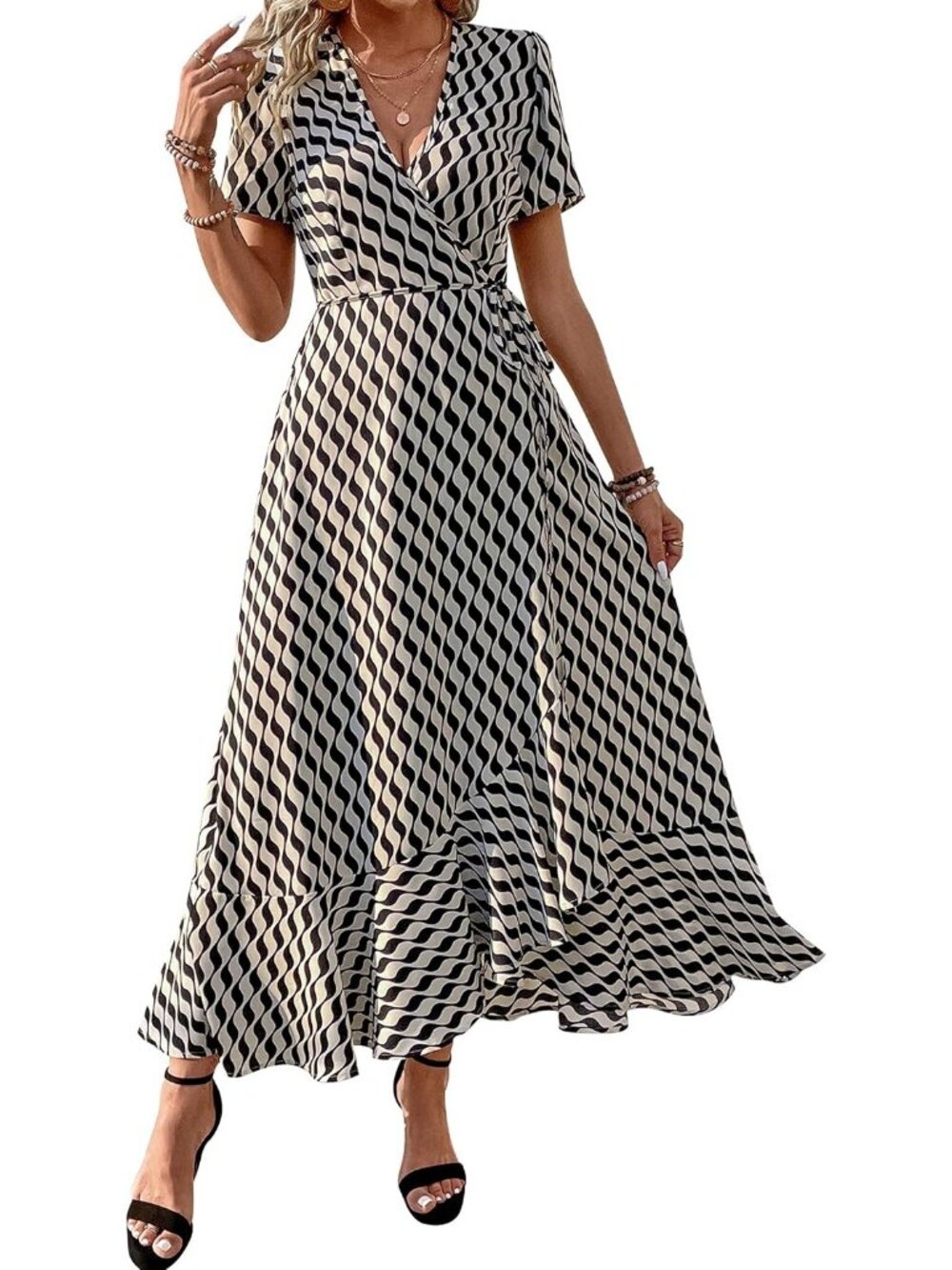 Women's White Wave V Neck Casual Short Sleeve Outfit Pull On Zipper Maxi Dresses